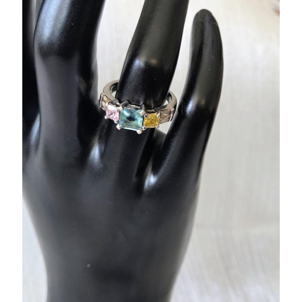 Sterling Silver 925 Multi Gemstone Ring CZ Topaz Blue Accents Women's Size 6.5